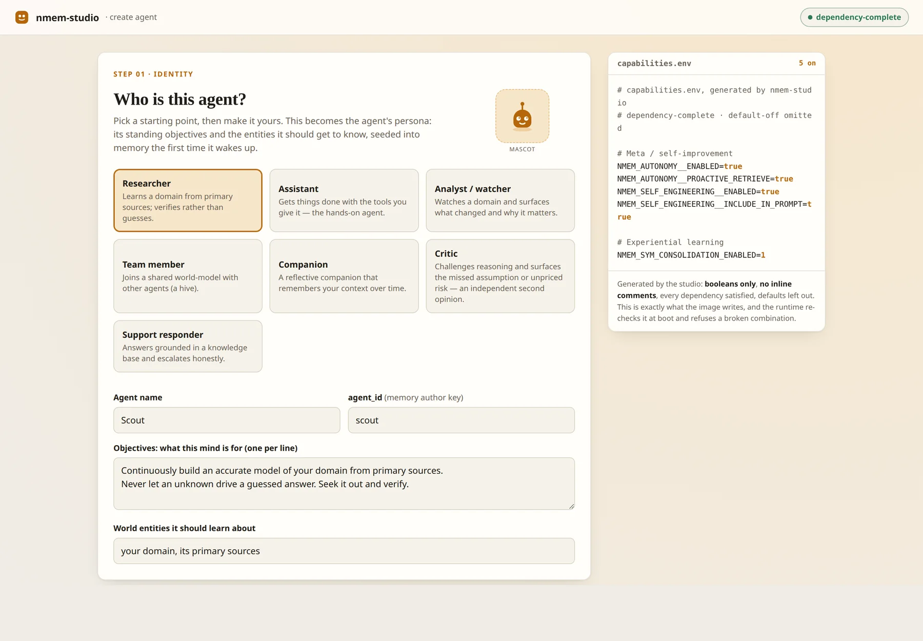The nmem-studio setup wizard: choosing what kind of agent to create, with a live preview
